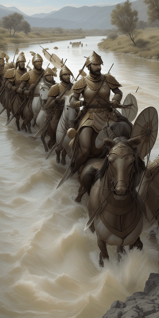 AI generated: Create an image that showcases Alexander's army, reinvigorated and resolute, marching towards the Hy...