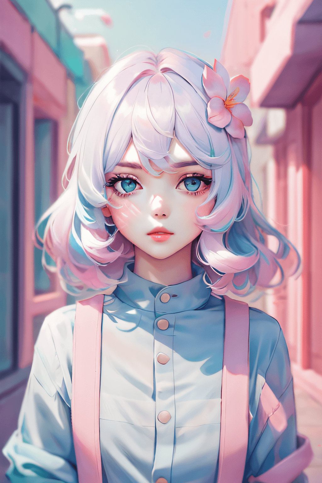 AI generated: secret flower, ankymoore, 1girl, solo, looking at viewer, blue eyes, green eyes, hair ornament, flow...