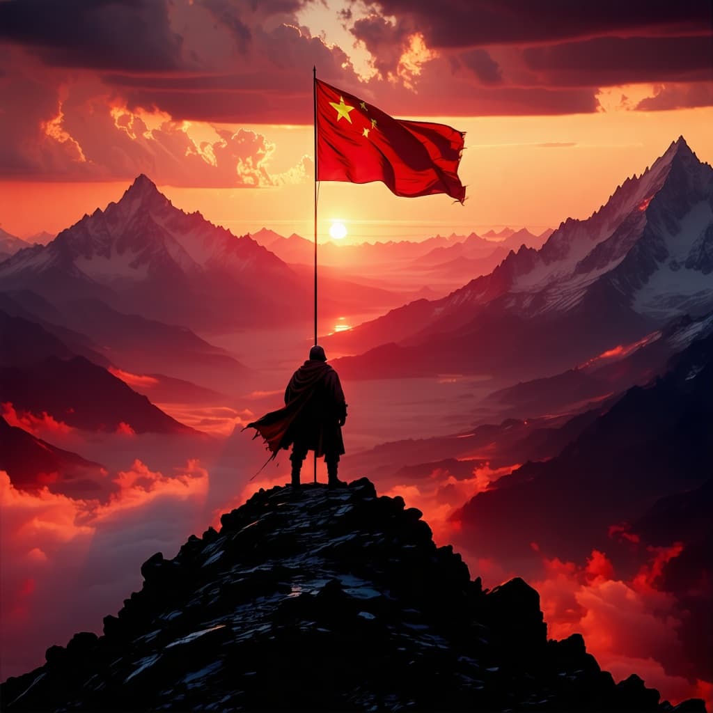 AI generated: a heroic revolutionary scene, red sunrise over mountains, a man standing on a peak holding a red fla...