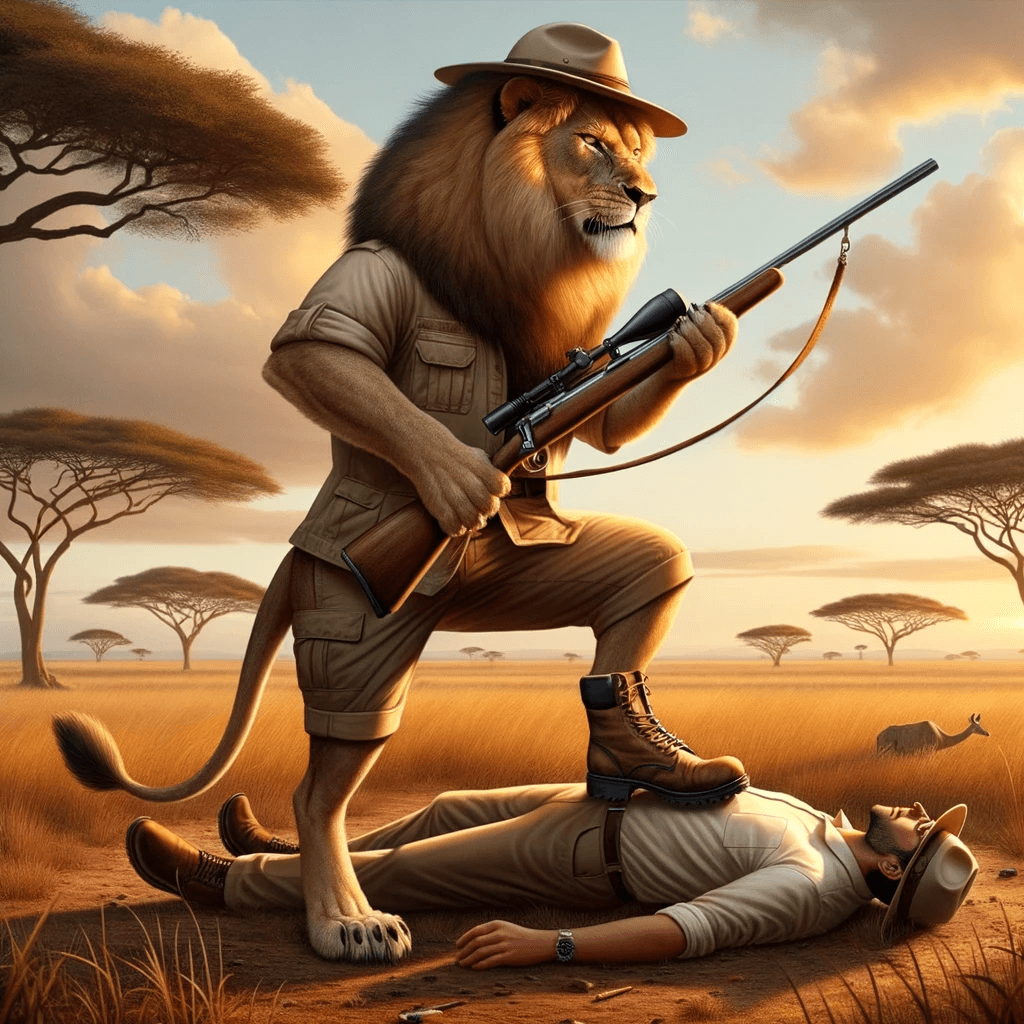 AI generated: Digital illustration: A powerful lion, standing upright on two legs, wearing a safari outfit complet...