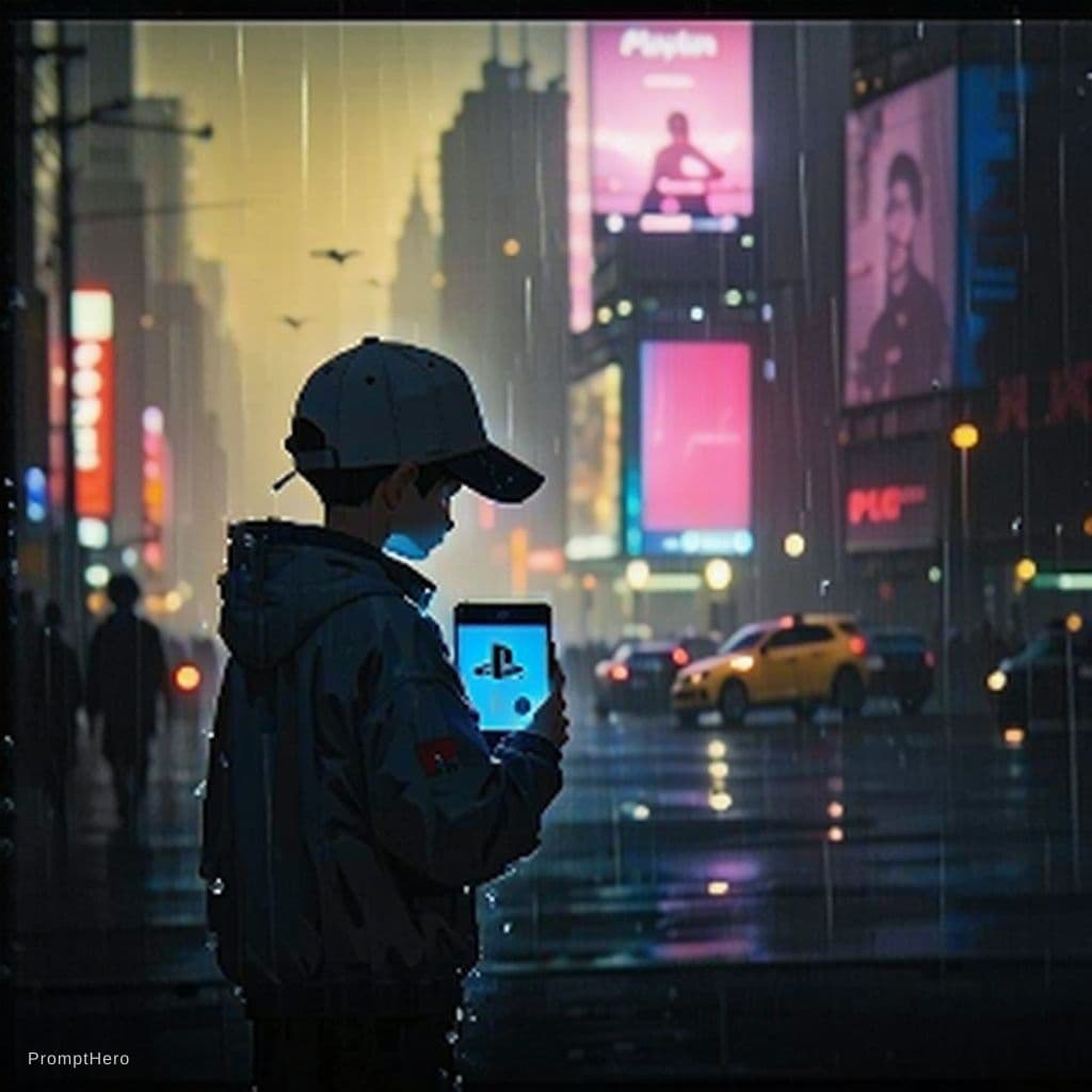 AI generated: a young boy wearing a cap, standing in a futuristic city inspired by New York, holding a PlayStation...