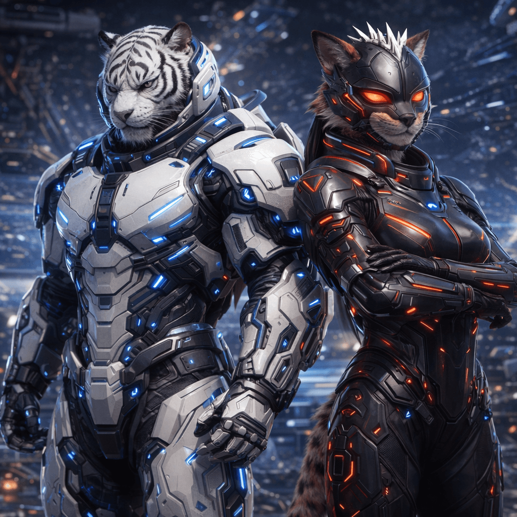 AI generated: Using the reference images one and two. Create Space Combat suits for the characters in images three...