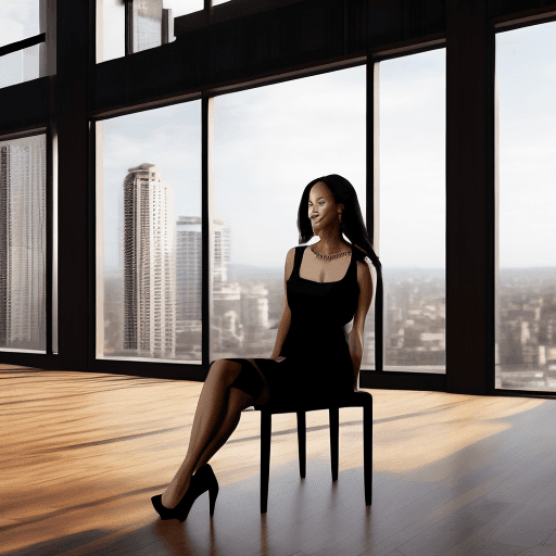 AI generated: A woman is seated on the wooden floor of a well-lit room with expansive windows displaying an urban ...
