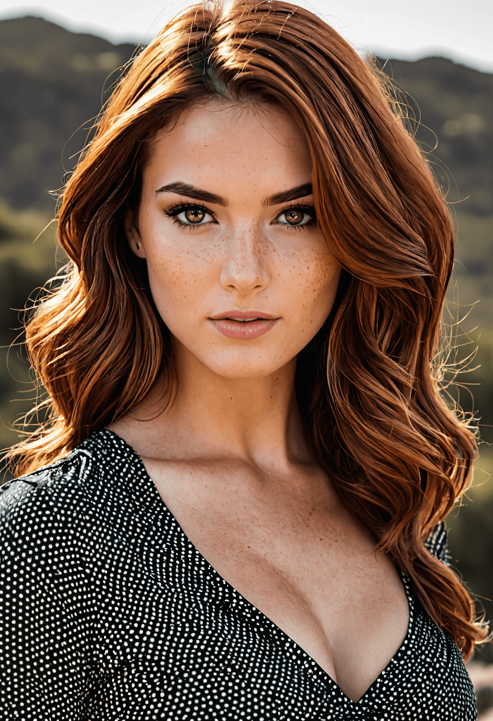 AI generated: A waist-up portrait of a young beautiful  Spanish|Italian|Irish girl,  (freckles:0.9) skin, slim wit...
