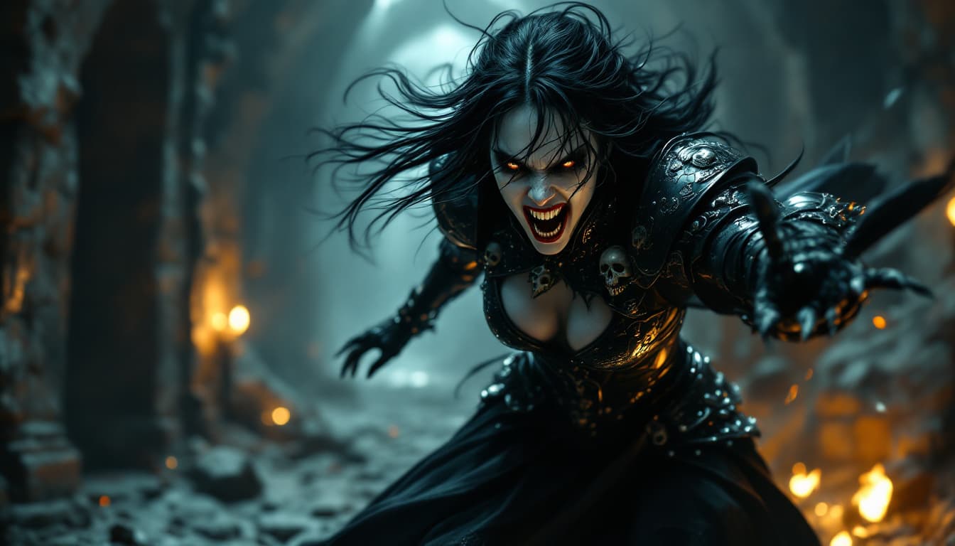 AI generated: In the haunting depths of a crypt, a female vampire launches forward in a terrifying attack, embodyi...