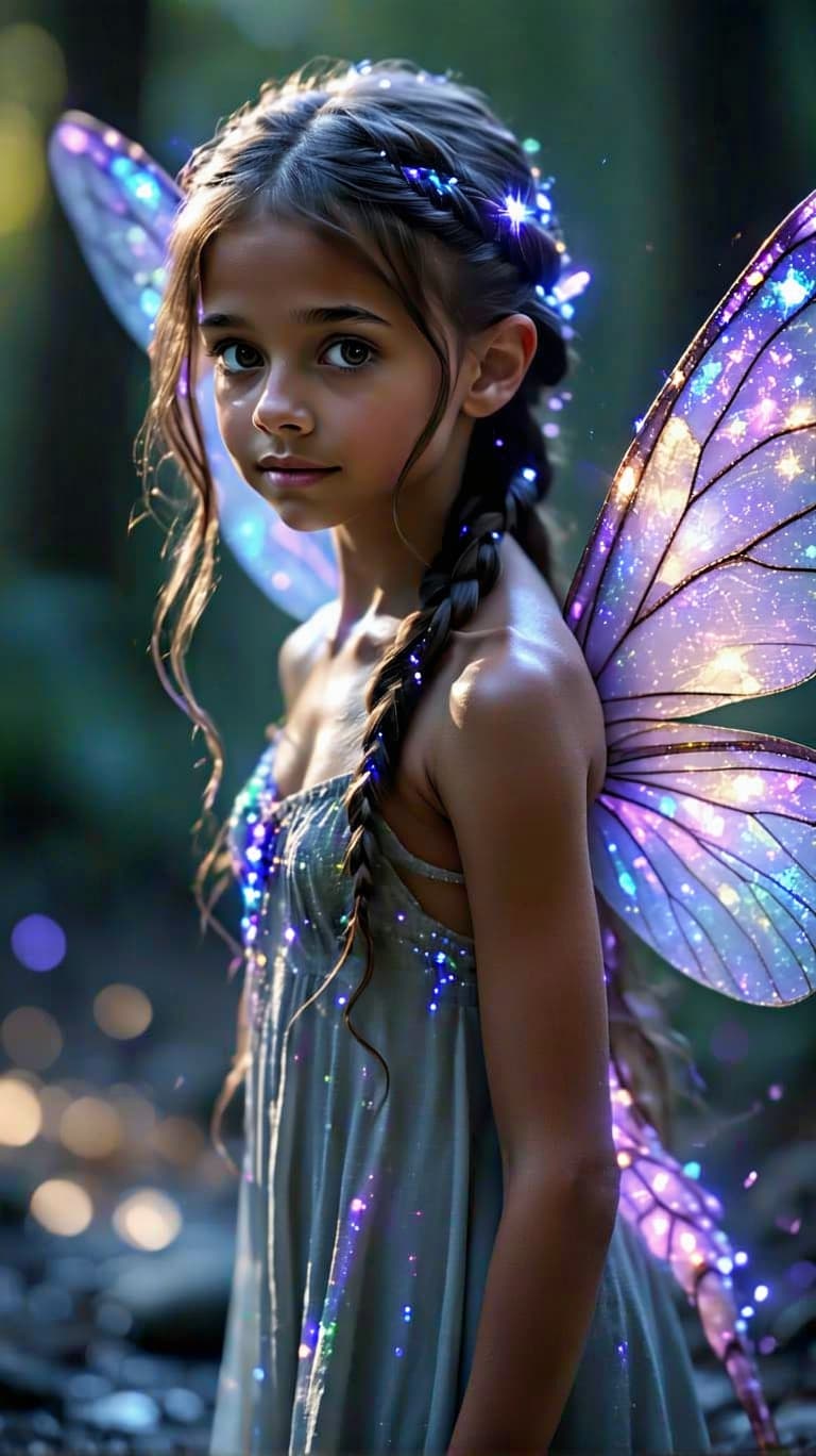 AI generated: A professional photo of a realistic of a Fairy  tween (full Body) with shimmering dragonfly wings, c...