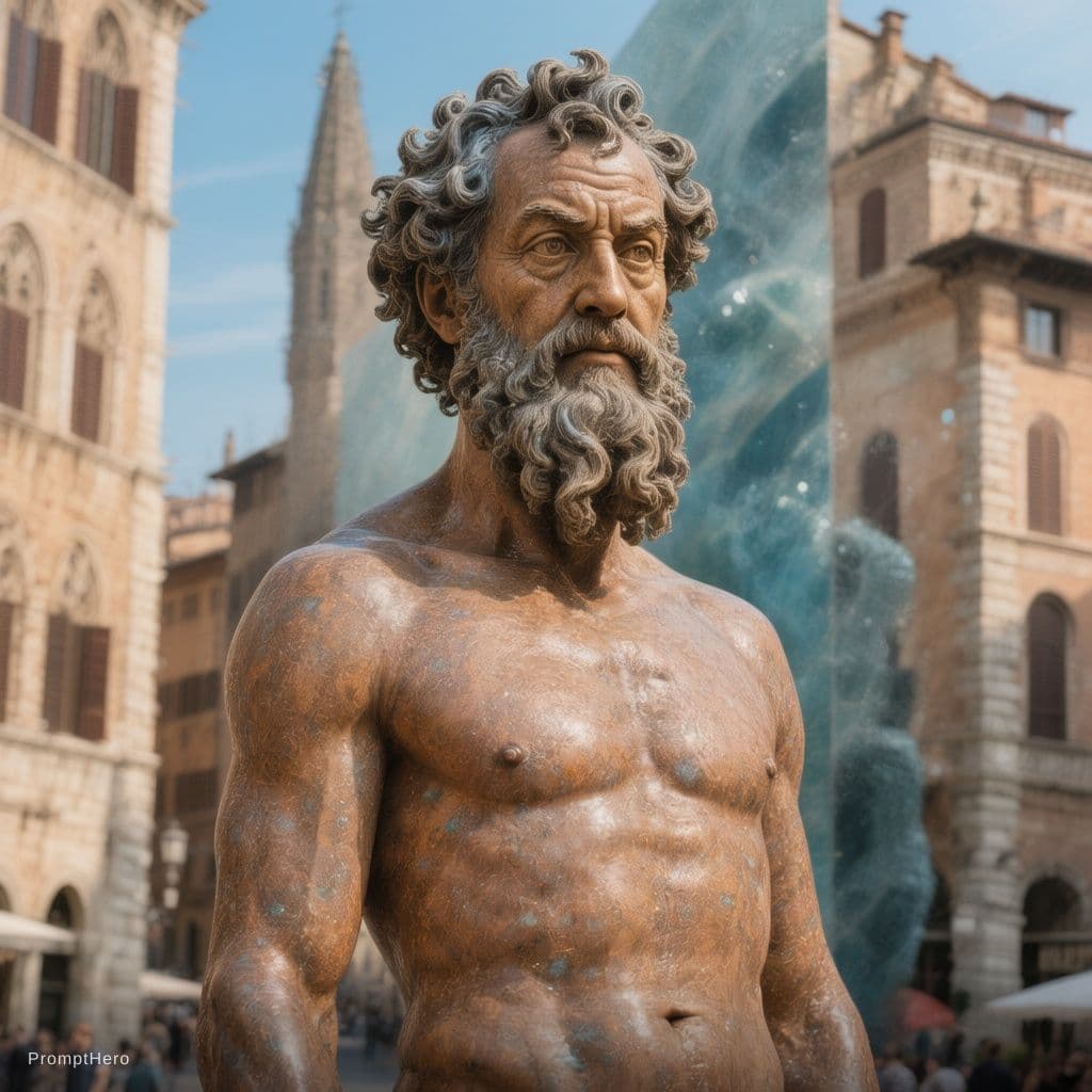AI generated: Make a hyper realistic 8d colorized version of the neptune statue in Bologna.  Human skin tones and ...