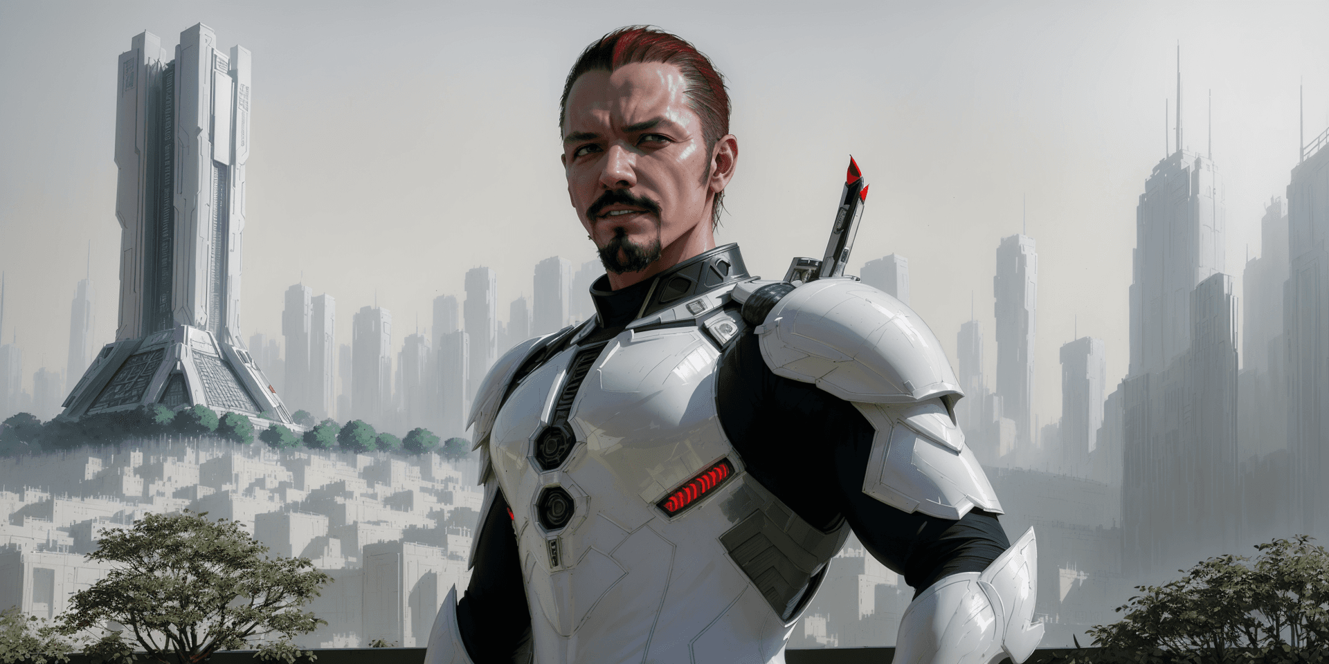 AI generated: light white nano suit futuristic armor, shiny chrome ( roji shinkawa style , greg rutowski style, pe...