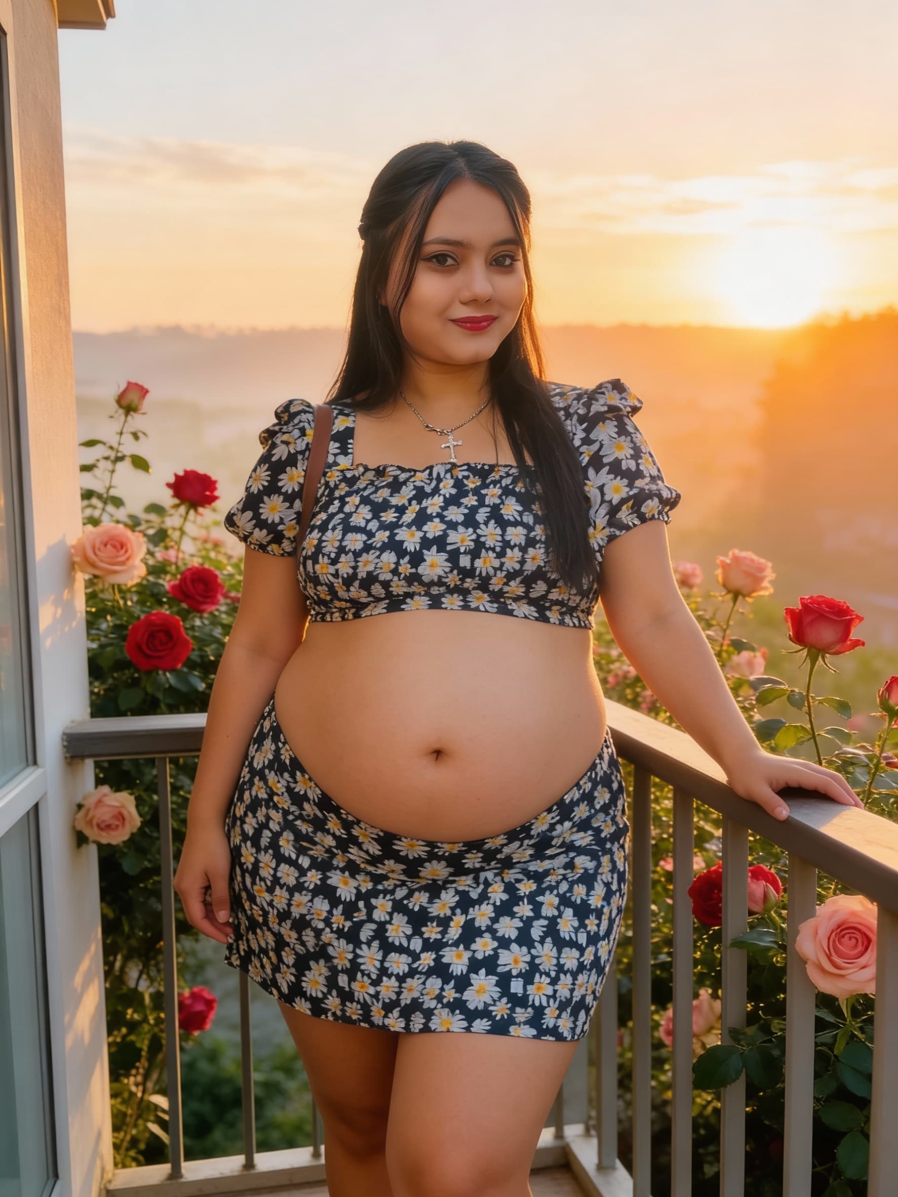 AI generated: Using this image face bake a bold woman full body having buitiful fat belly navel standing in balcon...