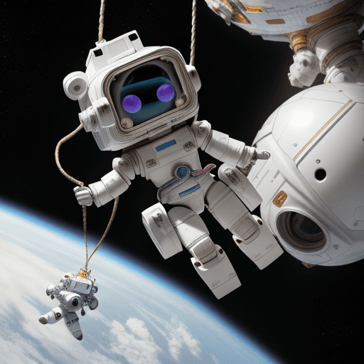 AI generated: a girl with white armor 
floating in space and her small robot friend with a rope connecting each ot...