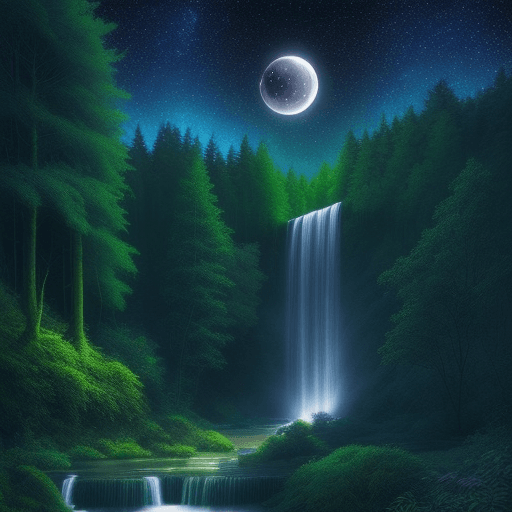 AI generated: Beautiful realistic forest, colorful plants with moon, stars, heavenly night sky, and waterfall
