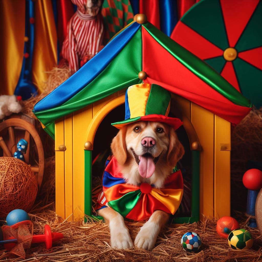 AI generated: a colorful dog dressed as a clown.he is lying in a doghouse,which is a circus tent,very detailed and...