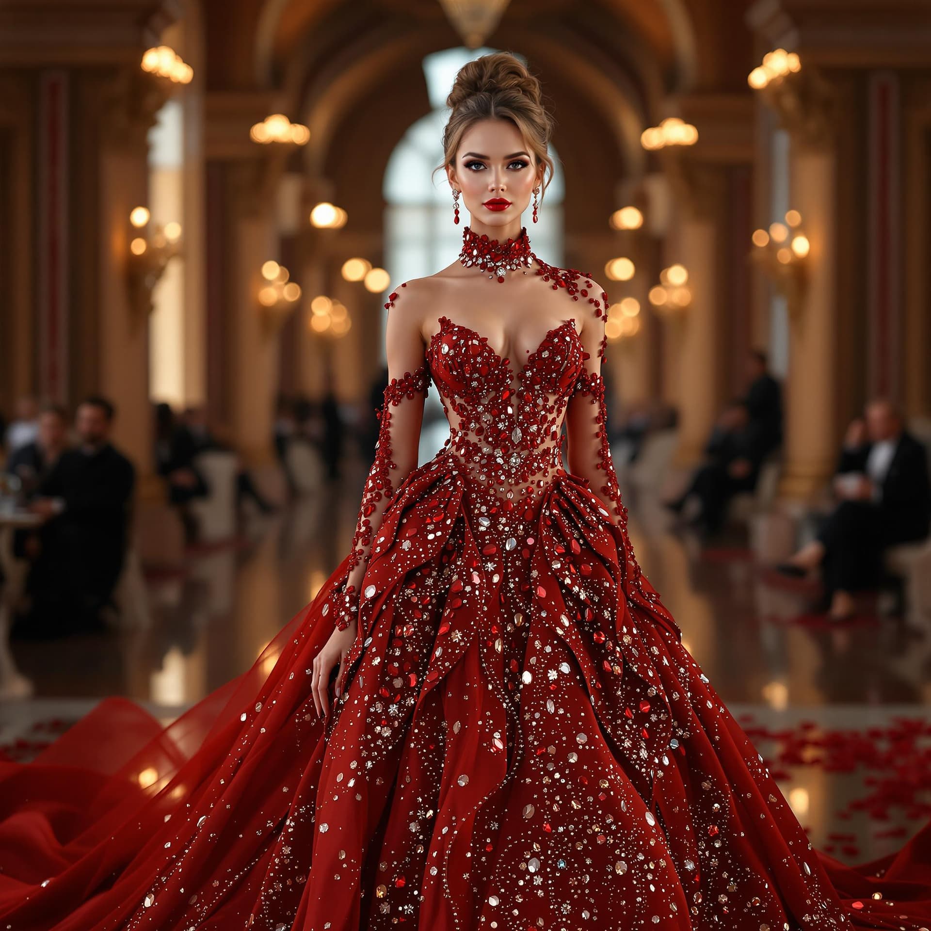 AI generated: magnifique femme en robe rouge faite de rubis et de diamants étincelants avec des détails complexes,...