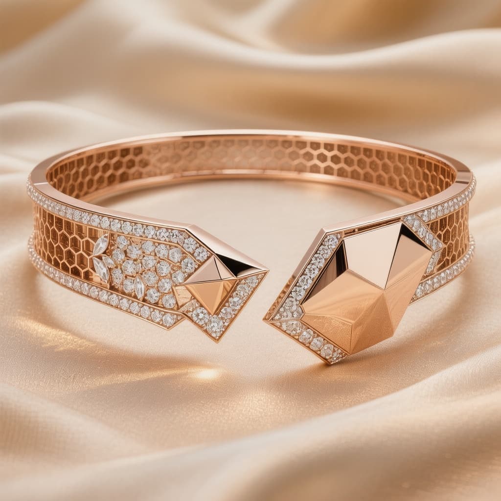 AI generated: Modern luxury pair of Earrings in 18K rose gold inspired by futuristic geometric high jewelry design...