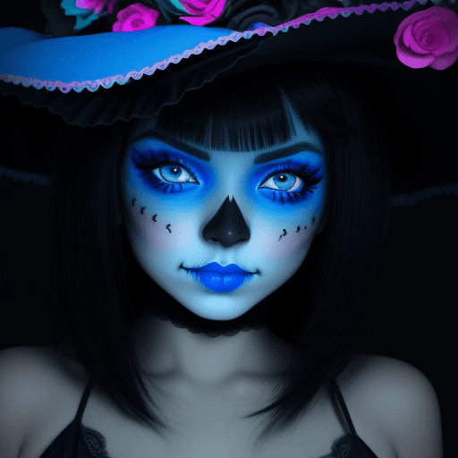 AI generated: mexican girl catrina eyes blue con cabello negro y humo color neon detras