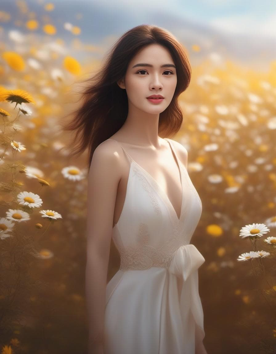 AI generated: hyperrealistic full length portrait of gorgeous goddess | standing in field full of flowers | detail...