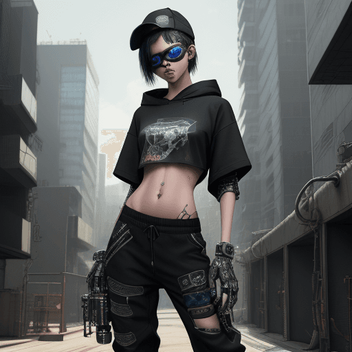 AI generated: biomechanical cyberpunk beautiful young, thin, fit, short messy hair, intrincate details, baggy pant...