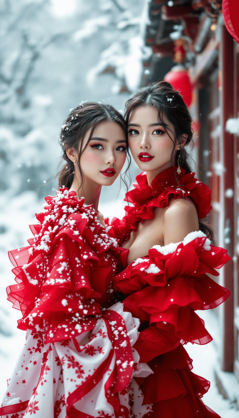 AI generated: fashion photoshoot of cute 2 Chinese women , wearing a red haute couture ruffled dress, on a snowy d...