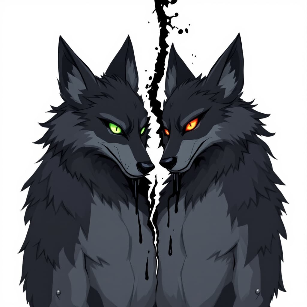 AI generated: Two Black Wolf almost toony full body fursonas with dark gray, closer to black, highlights. It also ...