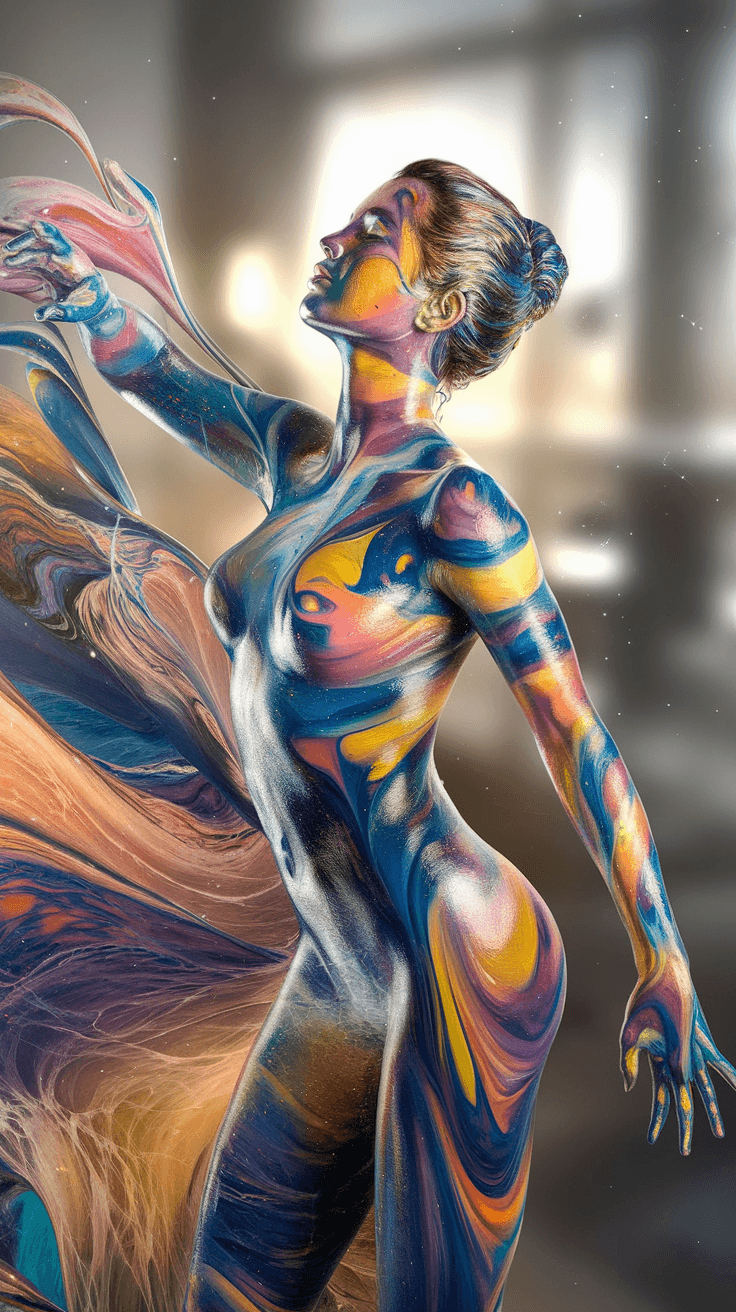 AI generated: Fluid Painting Art 20 yo woman, Living Tapestry, Flowing Colors, Fluid Pose, Gradient Composition, S...
