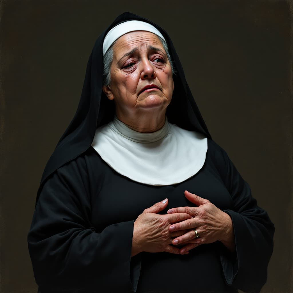 AI generated: middle aged nun, big breasted, tears, crying, hands on breast, tits out
