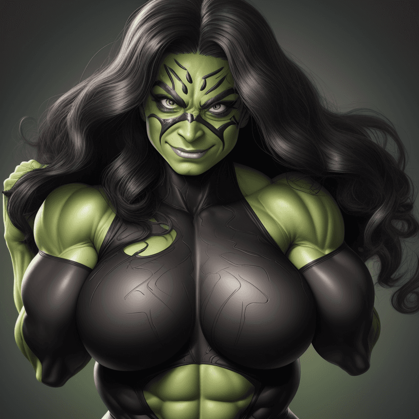 AI generated: 1 bodybuilder woman wearing symbiote, She-Hulk, young beautiful face, soft face, full body visible, ...