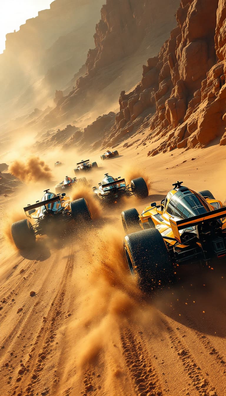 AI generated: Summer. 5 Racing cars take off, overtaking each other. Sand and tire smoke are flying from under the...