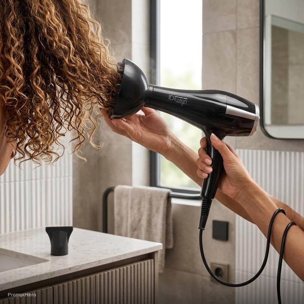 AI generated: Fotografía de estilo de vida de alta calidad y ultrarrealista de una mujer de pelo rizado usando el ...
