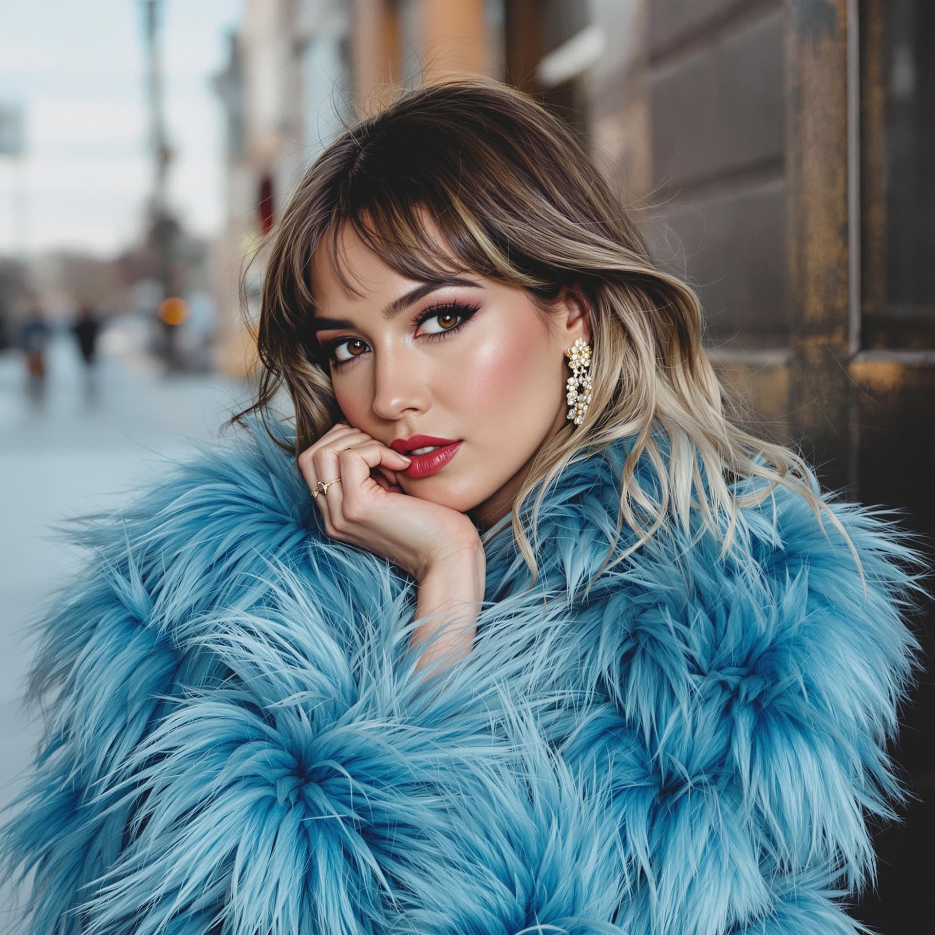 AI generated: a woman in a blue fur coat for a magazine, in the style of playful poses, 8k, soft color blending, e...