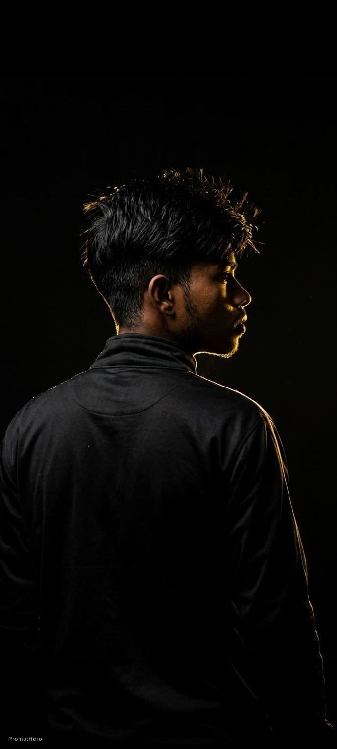 AI generated: With a black background a back shot of me looking a side  wearing a black track suit shot  is above ...