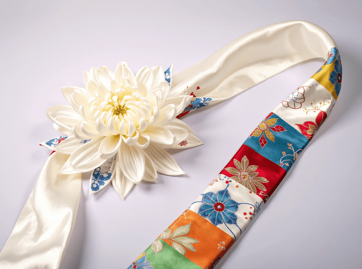 AI generated:  a work of art in glossy satin silk fabric, hyper realistic curly long ribbons, a white chrysanthemu...