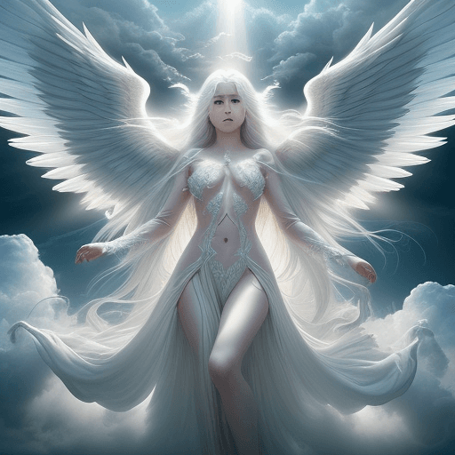 AI generated: an seductive angel, three pairs of wings, long white hair, descending from the cloud filled sky with...