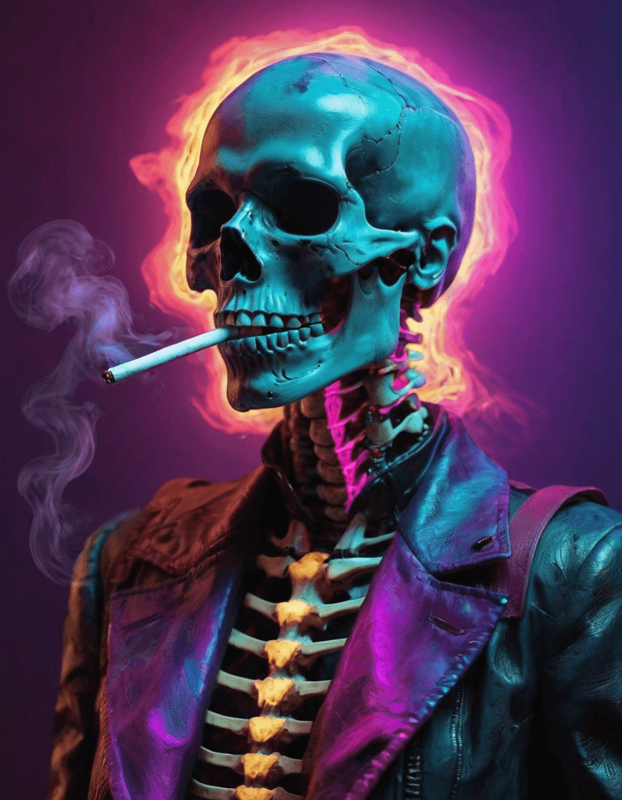 AI generated: A smoking skeleton, Modern era, Mixed colors with prominent use of purples, pinks, and earth tones