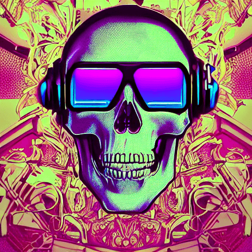 AI generated: nft style, synthwave, a crystal skull with flowers | with cyberglasses neon, and earphone,dj sound,s...