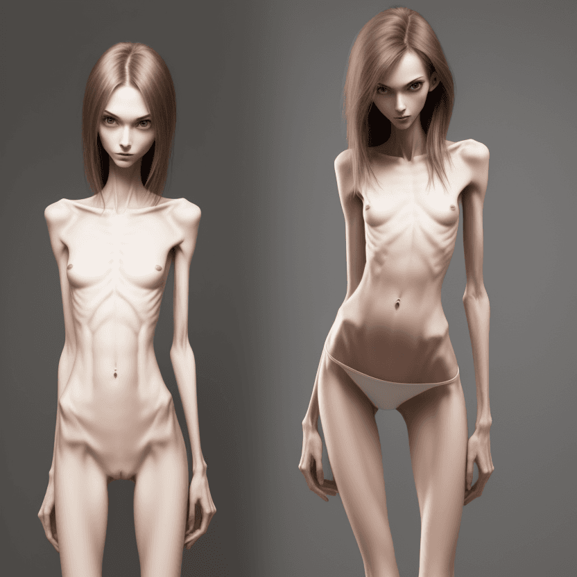 AI generated: extreme beautiful skinny slender (almost anorexic)  girl with skinny slender thighs narrow, without ...