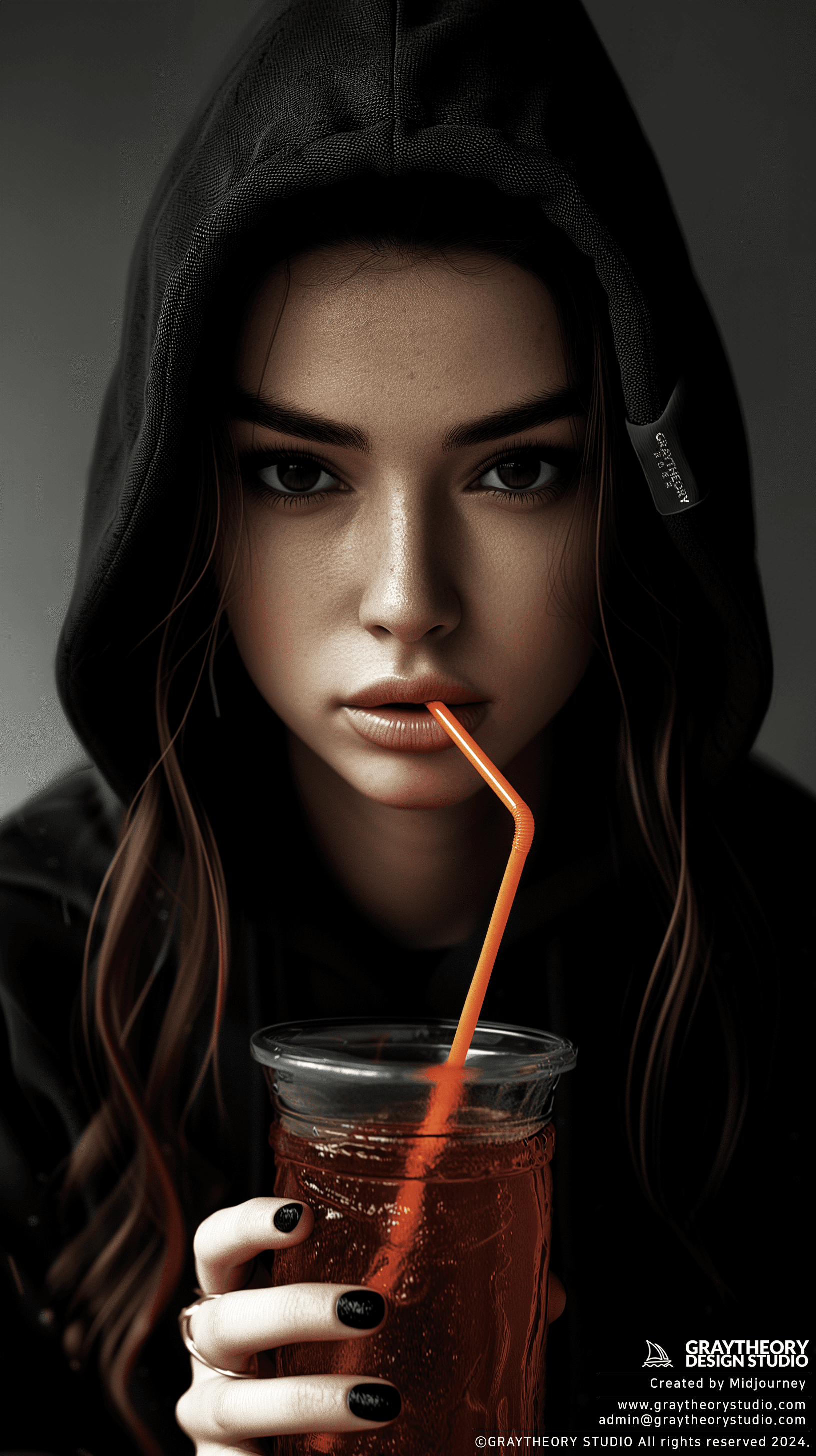 AI generated: photography, front shot, woman model, hooded, matte black color, gaze, drinking coke with orange str...