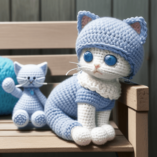 AI generated: A crochet kitten with a white chest, made of fluffy terry wool. blue color scheme. background sittin...