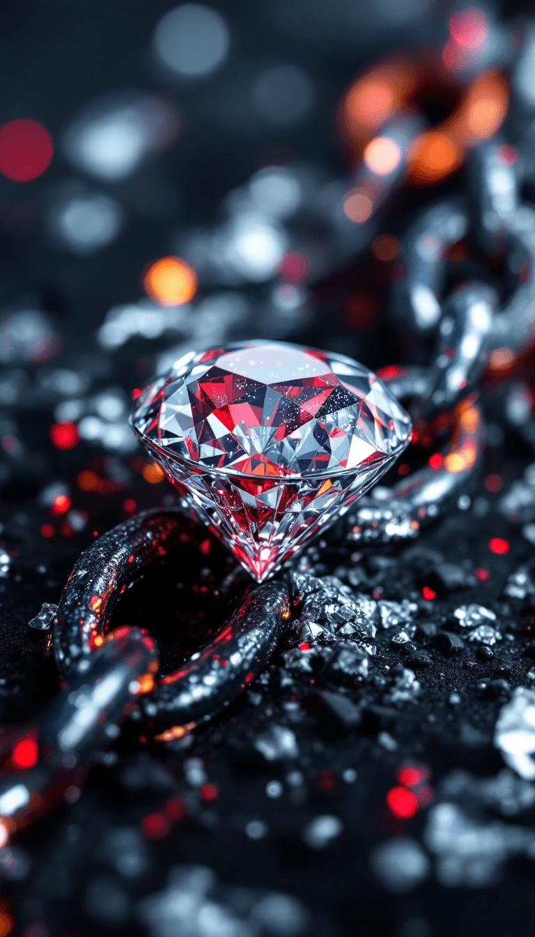 AI generated: big diamond ice out cuba chain. On the Chain is a red diamond and the text: BAILE RHYTHM" in a abstr...