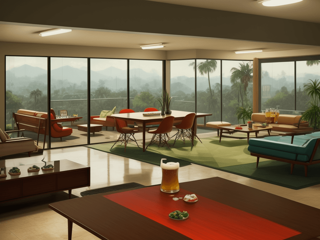 AI generated: Hyper realistic sweating gamer photo of a mid century modern style overlooking the fresh beer