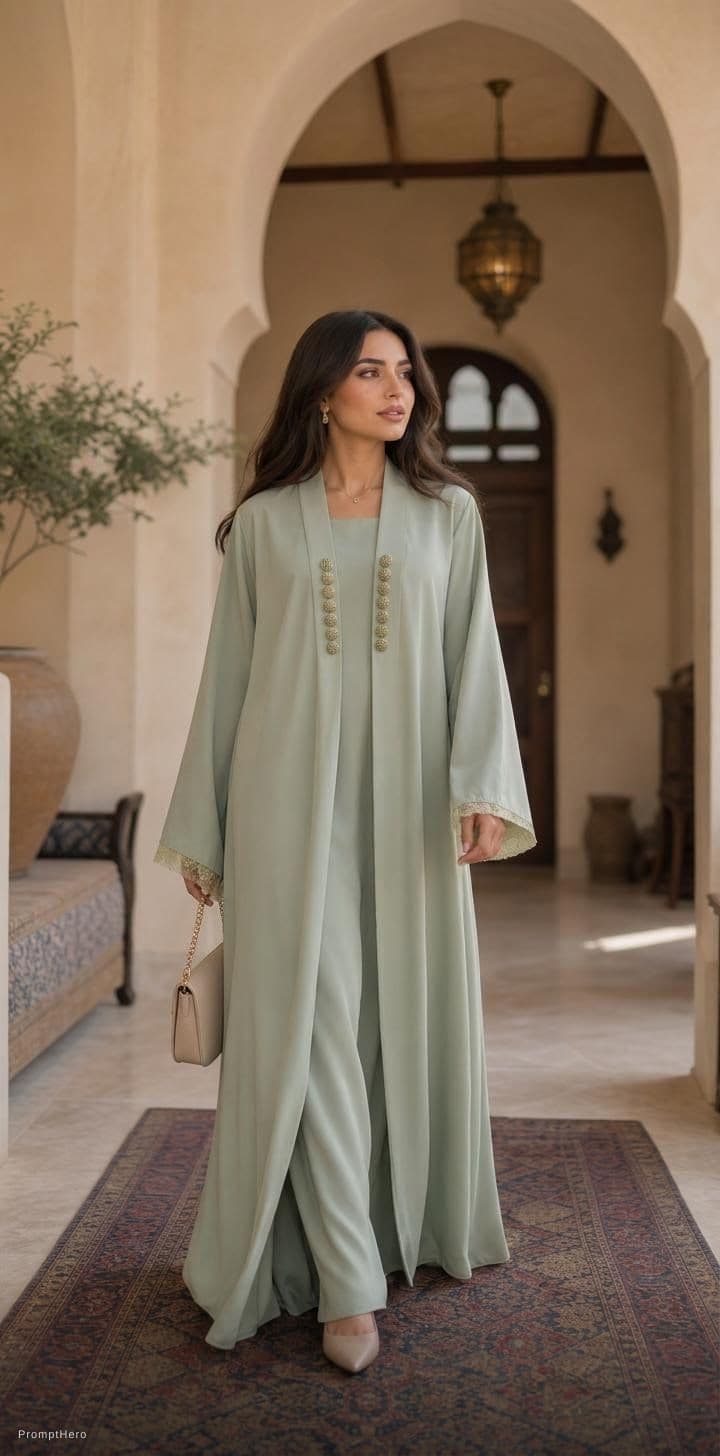 AI generated: Vogue Runway, full body portrait of an middle eastern female, wearing the attached ABAYA. In the sty...