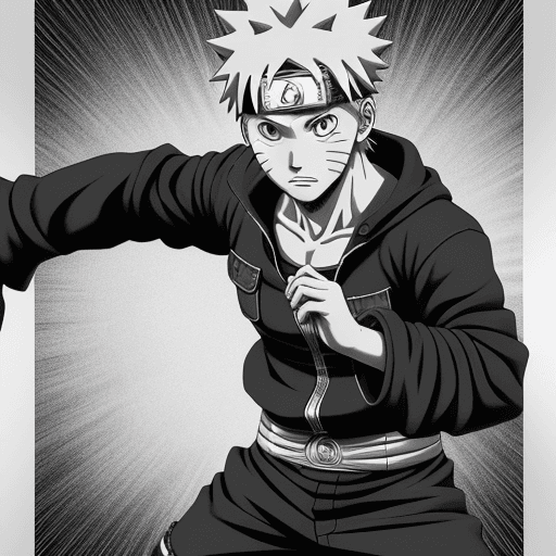 AI generated: a manga drawing of Naruto, close up shot, in the style of Kentaro Miura , black background, low angl...