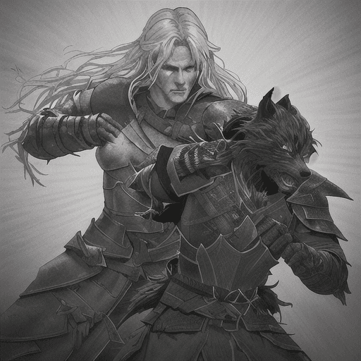 AI generated: A hyper-realistic portrait of a magical warrior fighting a giant wolf in an epic battle inspired by ...