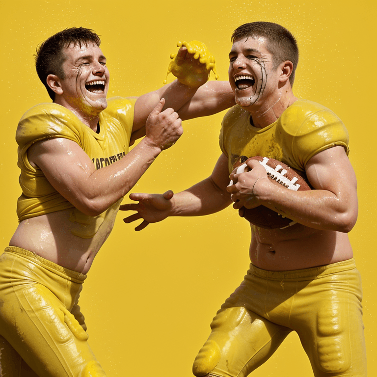 AI generated: two laughing rugged, sweaty, caucasian american football players with short cropped hair, m throwing...
