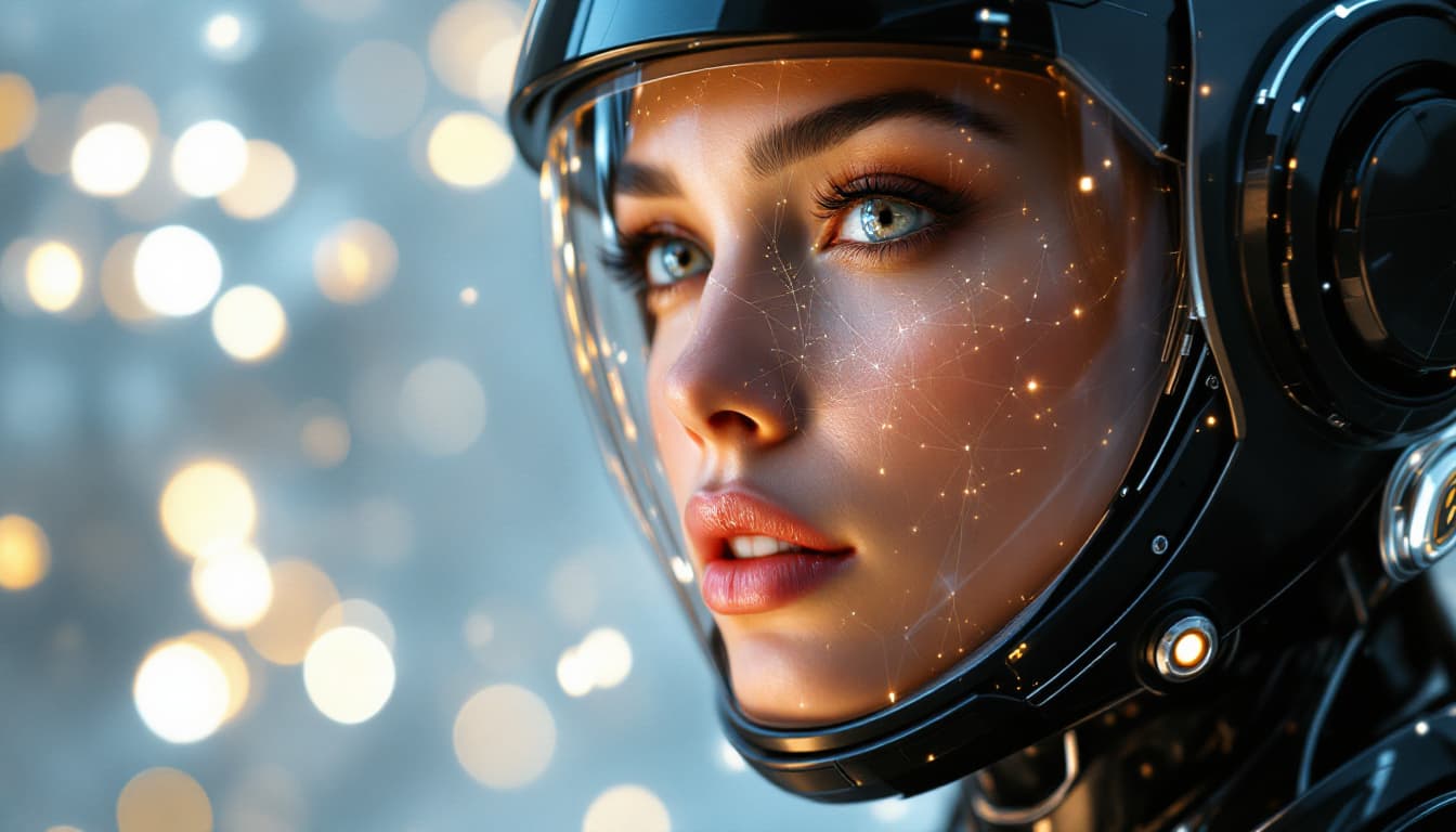 AI generated:  woman in a high-tech cyberpunk helmet with a shiny black finish and detailed robotic accents. Her f...