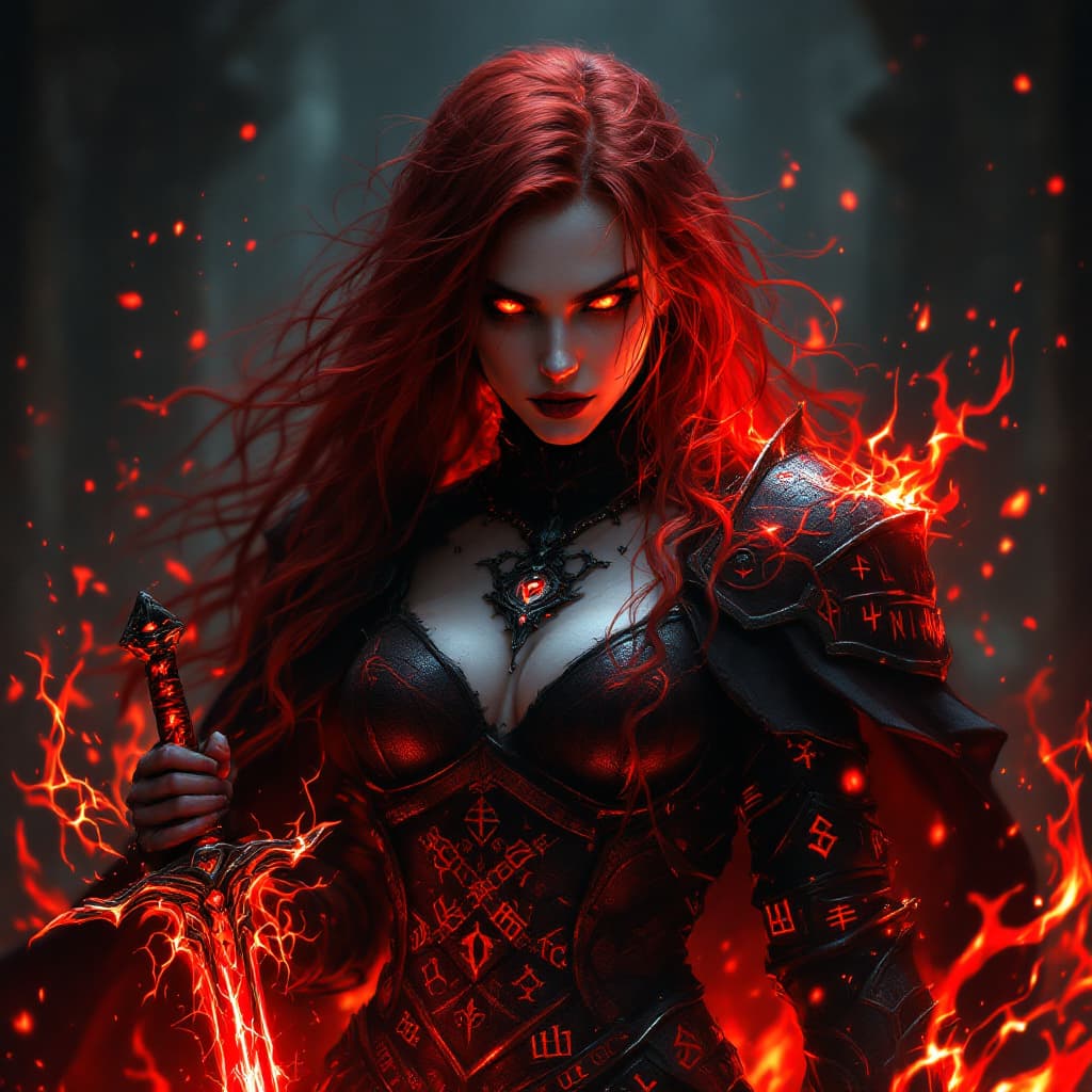 AI generated: A crimson-haired sorceress stands before me, her fiery locks and blazing eyes piercing through the d...