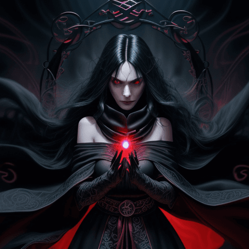 AI generated: A female warlock with long black hair wearing a black cowl and ornate robes of red and black, Castin...
