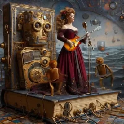 AI generated video:  mujer tocando la guitarra y cantando, los muñequitos se mueven 