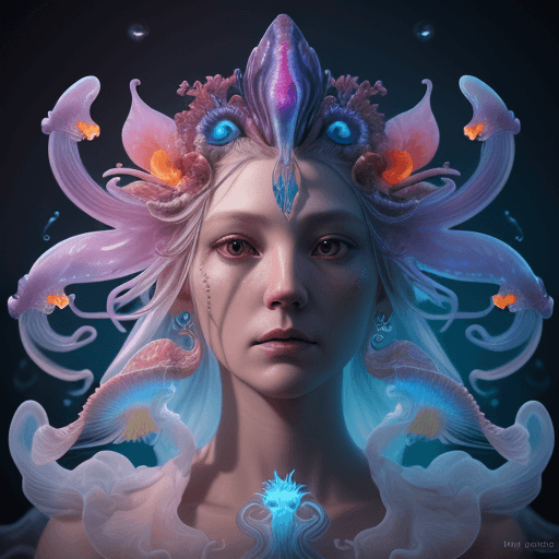 AI generated: Goddess close-up portrait ribcagel. jellyfish phoenix head, nautilus, orchid, skull, betta fish, bio...