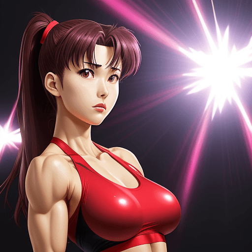 AI generated: 
misato from anime Evangelion, extravagant fitness body with 3-point photography lighting, realistic...