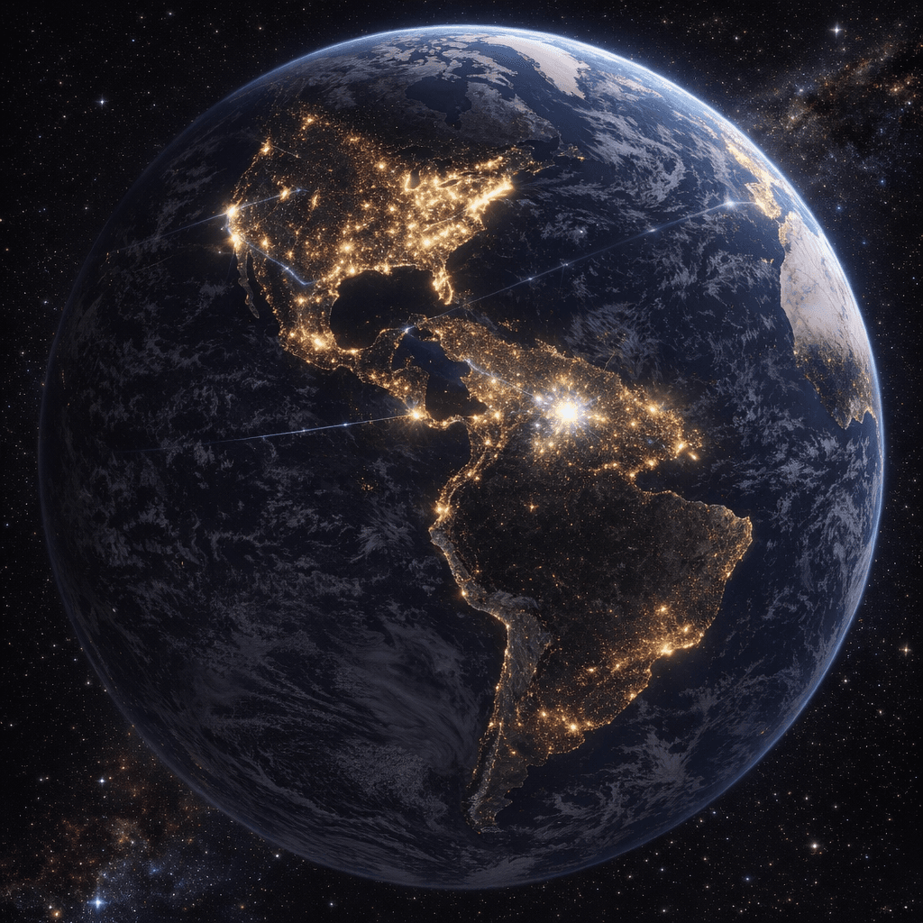 AI generated: Copy the reference images and create an orbital view of Earth from space, Western Hemisphere centere...